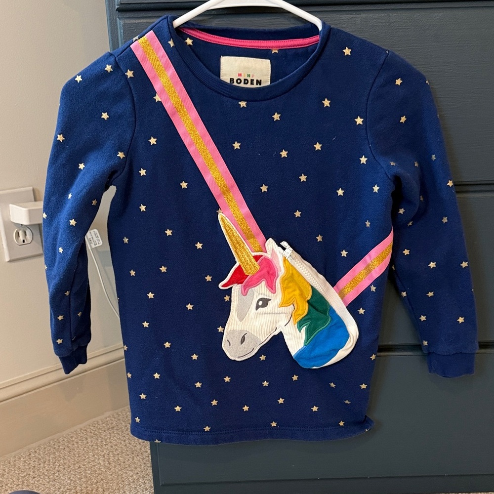 Boden Kids' Navy Star Long Sleeve Shirt with Unicorn Accent